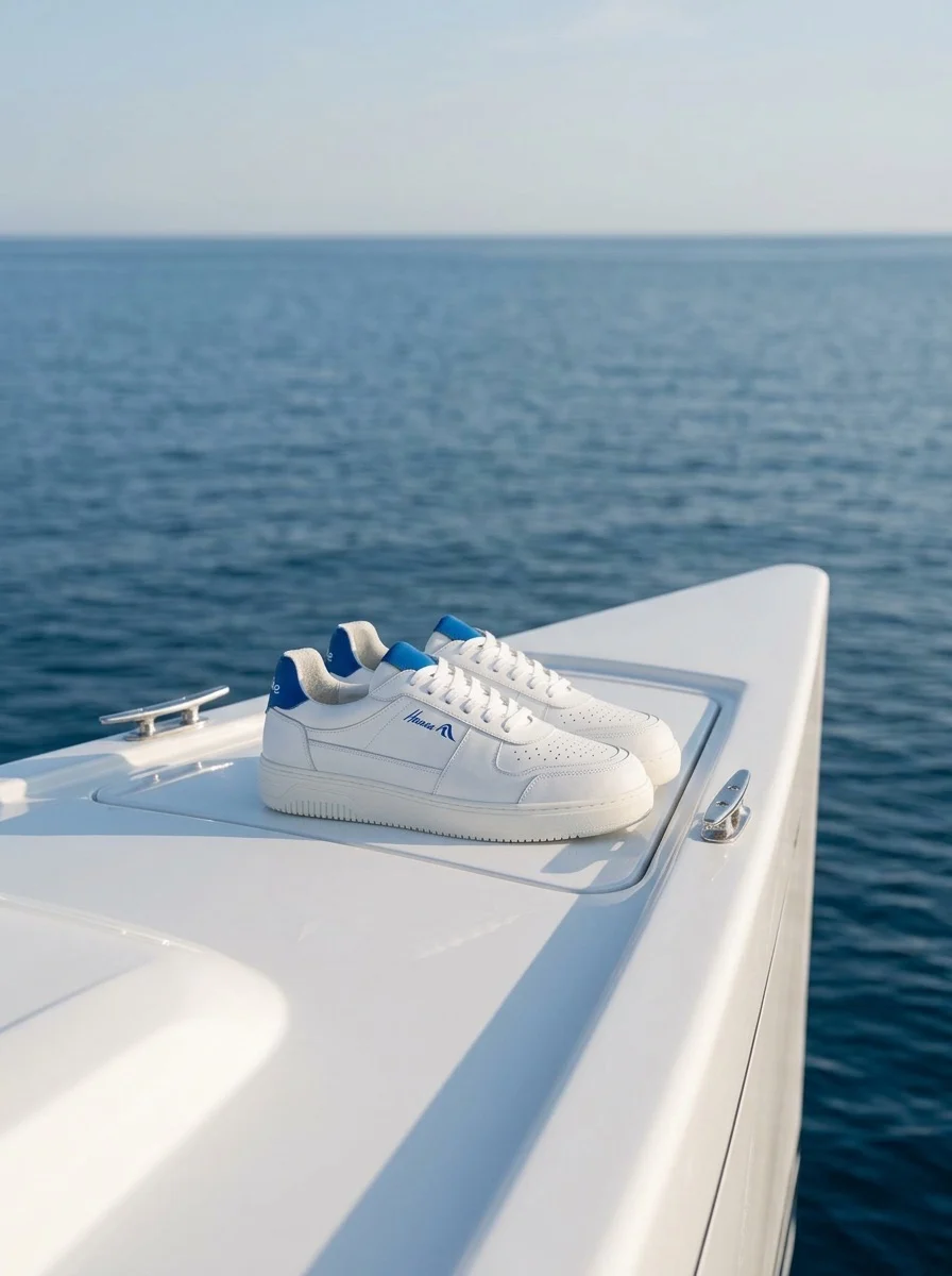 HanseYachts Firmensneaker an Bord einer Yacht am Meer