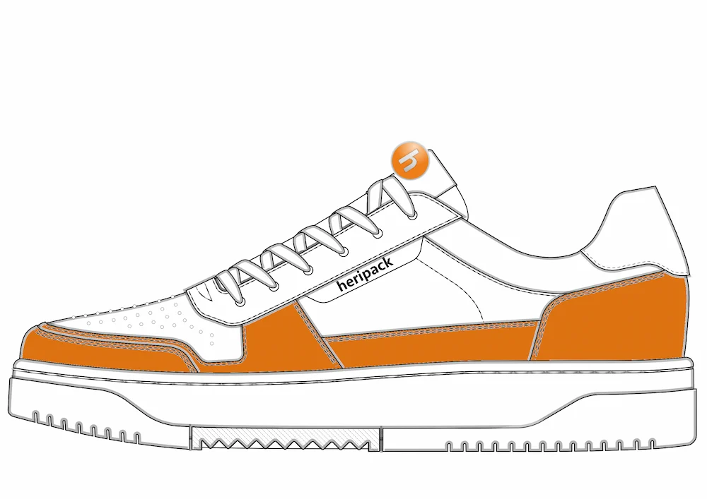 Heripack Firmensneaker – Designentwurf in der orange-weißen CI