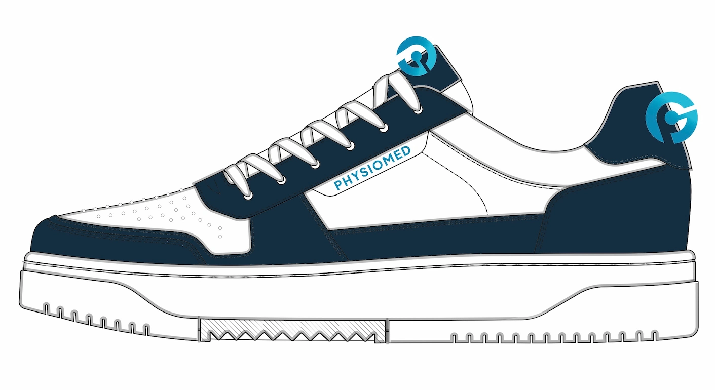 Physiomed Firmensneaker – Designentwurf in Weiß und Dunkelblau